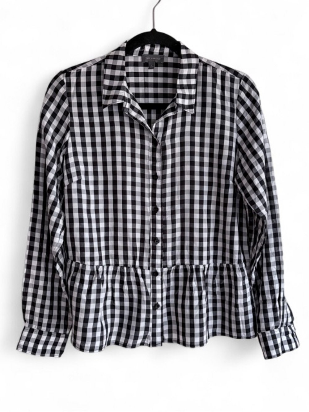 The Limited Black and White Gingham Button Down Ruffle Hem Blouse Size S